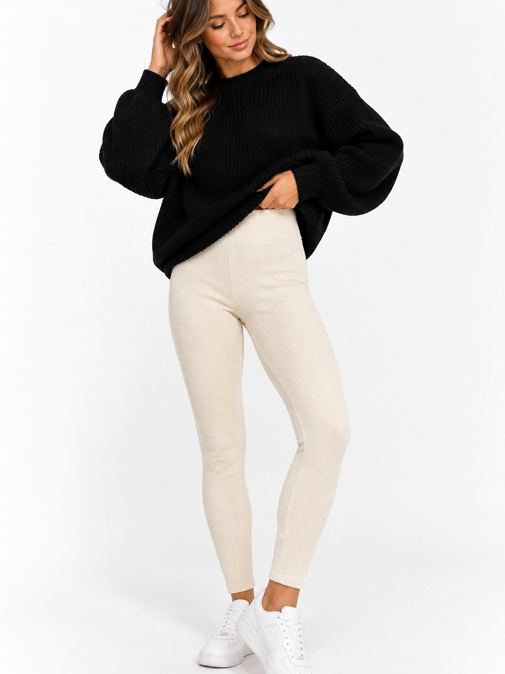Good American Ribbed Leggings Cream Size 5/6 High Rise Stretch